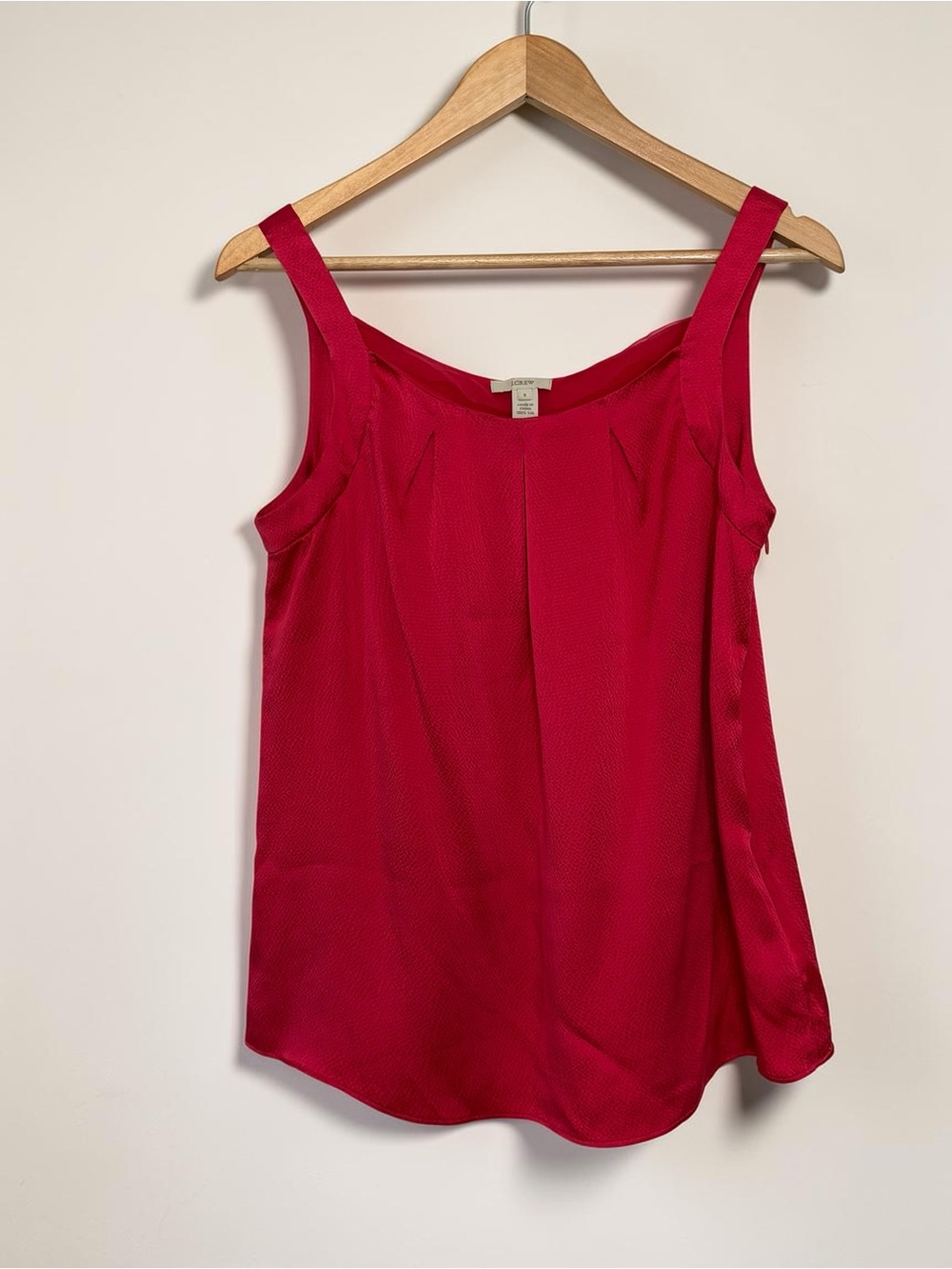J.Crew Red Pink 100% Silk Satin Tank Top Scoop Neck Pleated Side Zip Cami 8